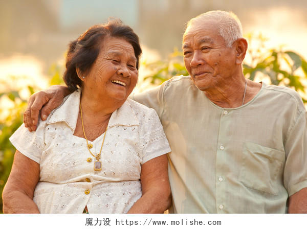 幸福的亚洲高级夫妇坐在户外在日落活力老人